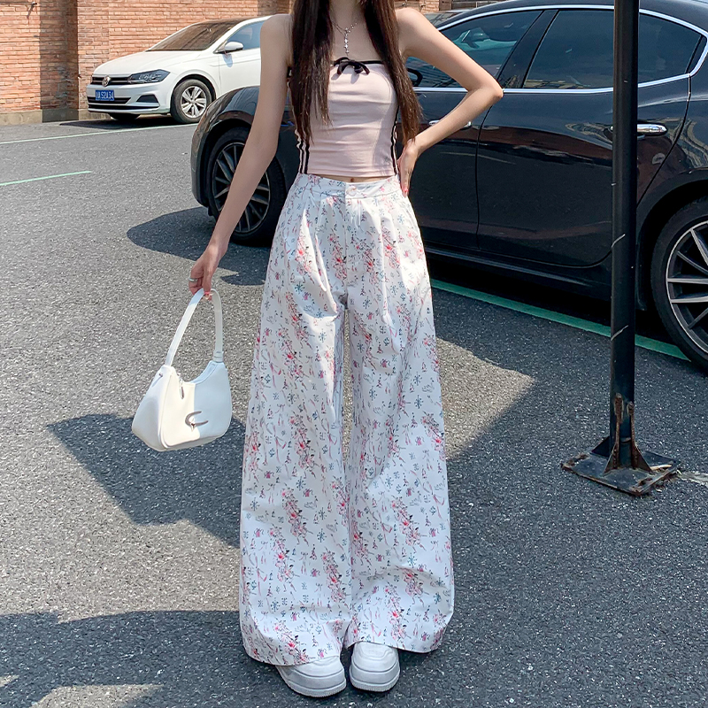 High-Waisted White Floral Pleated Casual Pants for Women - Slimming Loose Draped Wide-Leg Summer 2025 Fashion