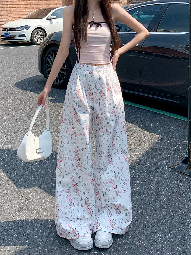 High-Waisted White Floral Pleated Casual Pants for Women - Slimming Loose Draped Wide-Leg Summer 2025 Fashion