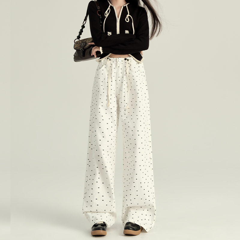 High-Waisted White Floral Polka Dot Flared Denim Pants for Women - Loose Wide-Leg Design for Spring and Autumn 2025