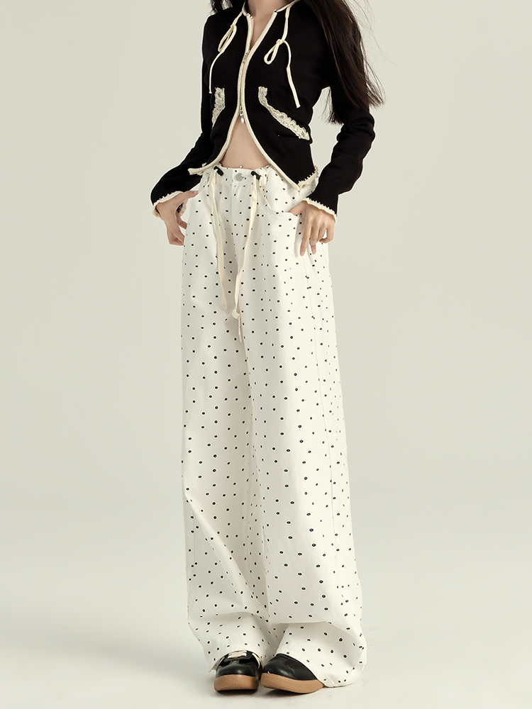 High-Waisted White Floral Polka Dot Flared Denim Pants for Women - Loose Wide-Leg Design for Spring and Autumn 2025 High-Waisted White Floral Polka Dot Flared Denim Pants for Women - Loose Wide-Leg Design for Spring and Autumn 2025
