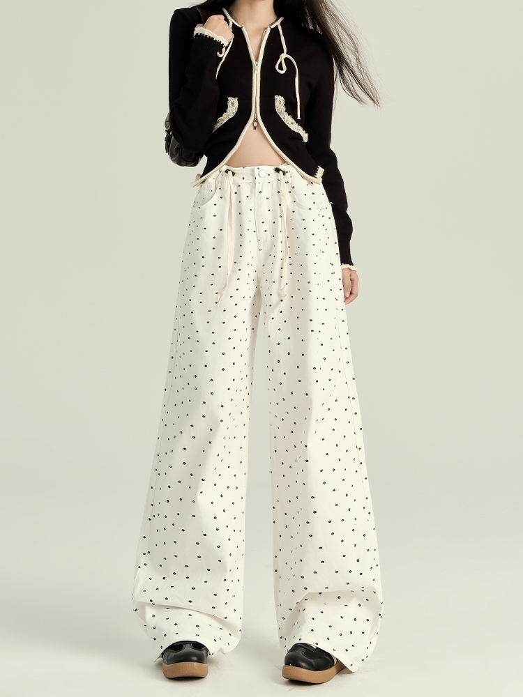 High-Waisted White Floral Polka Dot Flared Denim Pants for Women - Loose Wide-Leg Design for Spring and Autumn 2025 High-Waisted White Floral Polka Dot Flared Denim Pants for Women - Loose Wide-Leg Design for Spring and Autumn 2025