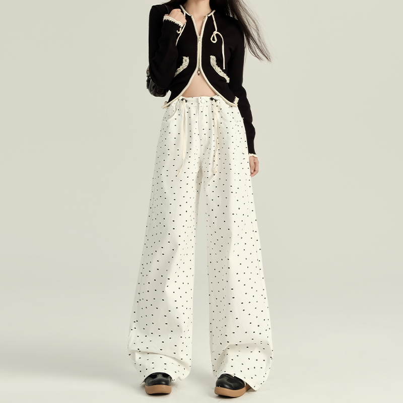 High-Waisted White Floral Polka Dot Flared Denim Pants for Women - Loose Wide-Leg Design for Spring and Autumn 2025 High-Waisted White Floral Polka Dot Flared Denim Pants for Women - Loose Wide-Leg Design for Spring and Autumn 2025
