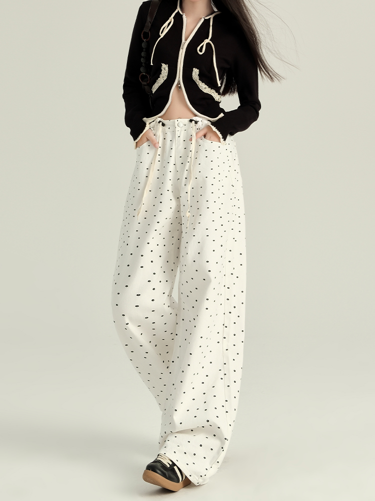 High-Waisted White Floral Polka Dot Flared Denim Pants for Women - Loose Wide-Leg Design for Spring and Autumn 2025 High-Waisted White Floral Polka Dot Flared Denim Pants for Women - Loose Wide-Leg Design for Spring and Autumn 2025