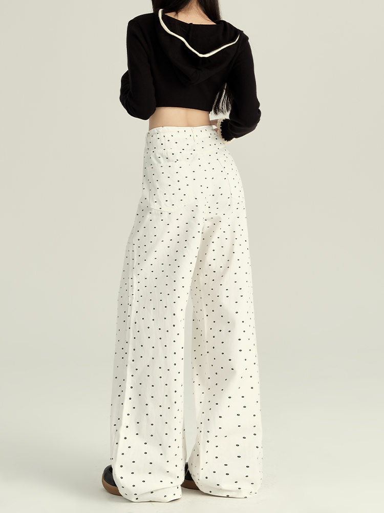 High-Waisted White Floral Polka Dot Flared Denim Pants for Women - Loose Wide-Leg Design for Spring and Autumn 2025 High-Waisted White Floral Polka Dot Flared Denim Pants for Women - Loose Wide-Leg Design for Spring and Autumn 2025