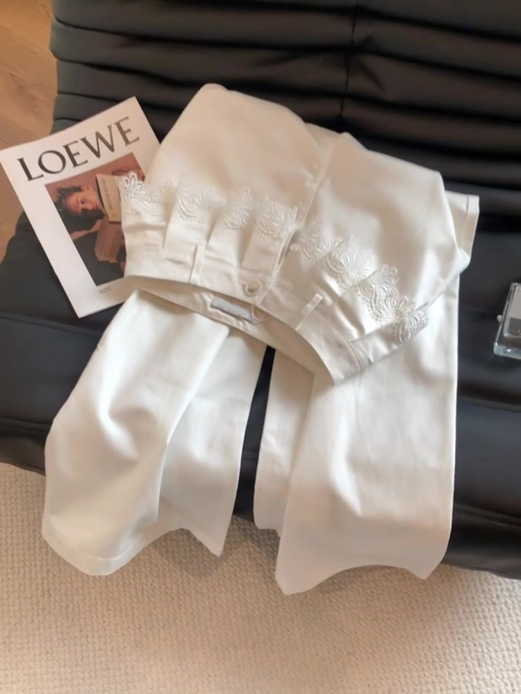 High-Waisted White Lace Trim Patchwork Jeans for Women - Slimming Straight-Leg Wide-Leg Pants, 2025 Summer Style