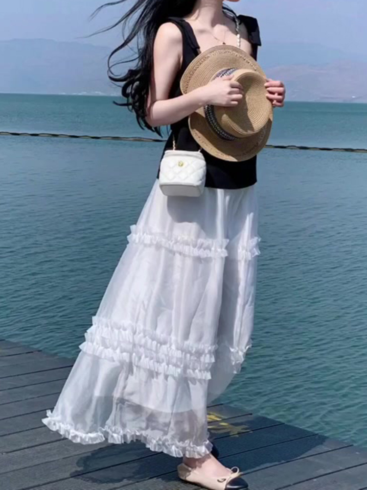 High-Waisted White Midi Skirt for Women - French Style A-Line Umbrella Skirt for Summer 2025, Elegant and Versatile Fashion Essential
