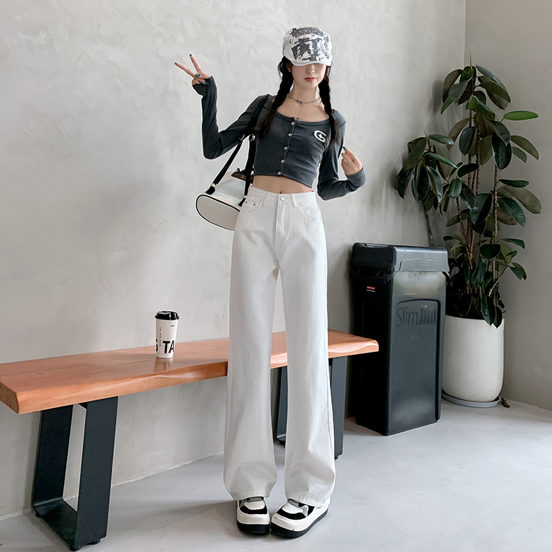 High-Waisted White Straight-Leg Jeans for Women - Plush Loose Wide-Leg Pants for Petite Sizes - 2025 Autumn Winter Fashion