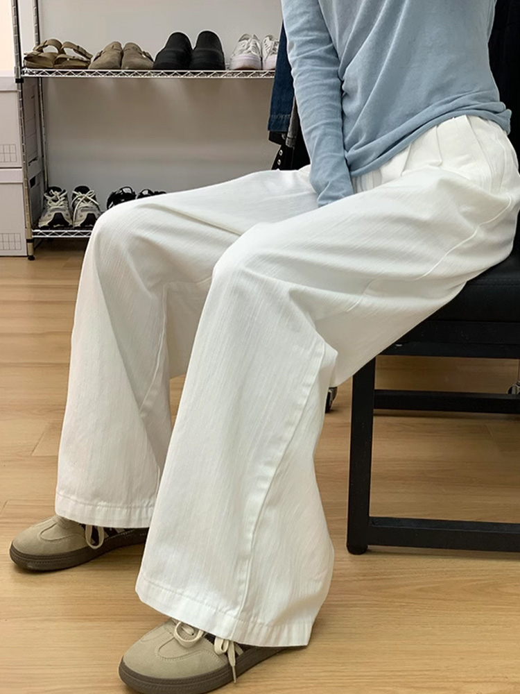 High-Waisted White Textured Wide-Leg Jeans for Women - Loose-Fitting, Slimming Casual Summer Pants, Versatile Straight-Leg Style