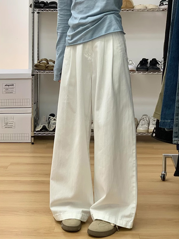 High-Waisted White Textured Wide-Leg Jeans for Women - Loose-Fitting, Slimming Casual Summer Pants, Versatile Straight-Leg Style