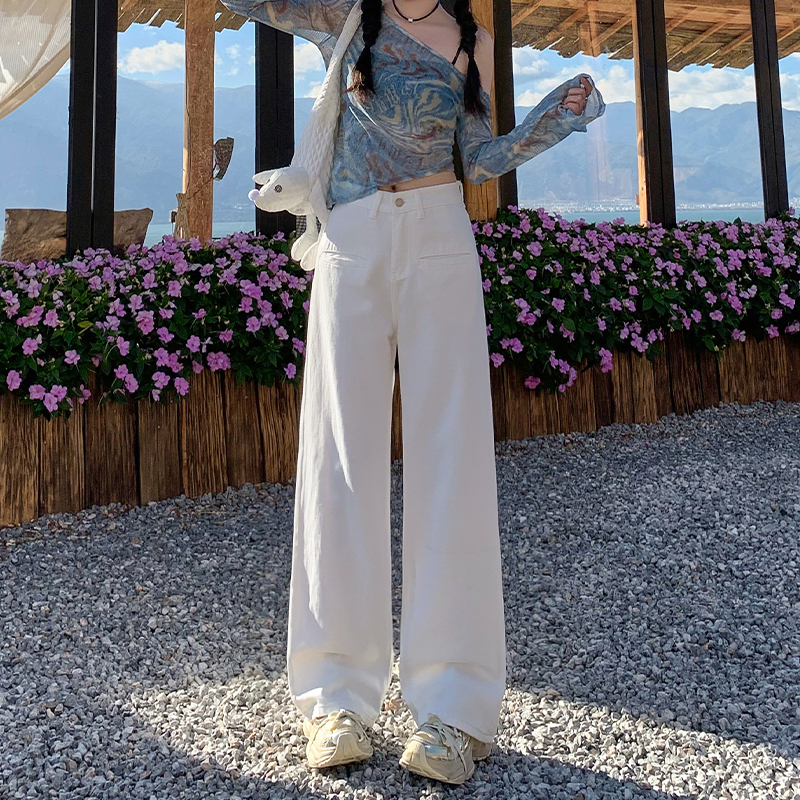 High-Waisted White Wide-Leg Jeans for Women - Fleece-Lined, Loose-Fitting, Autumn Winter Street Style, Floor-Length Straight Pants