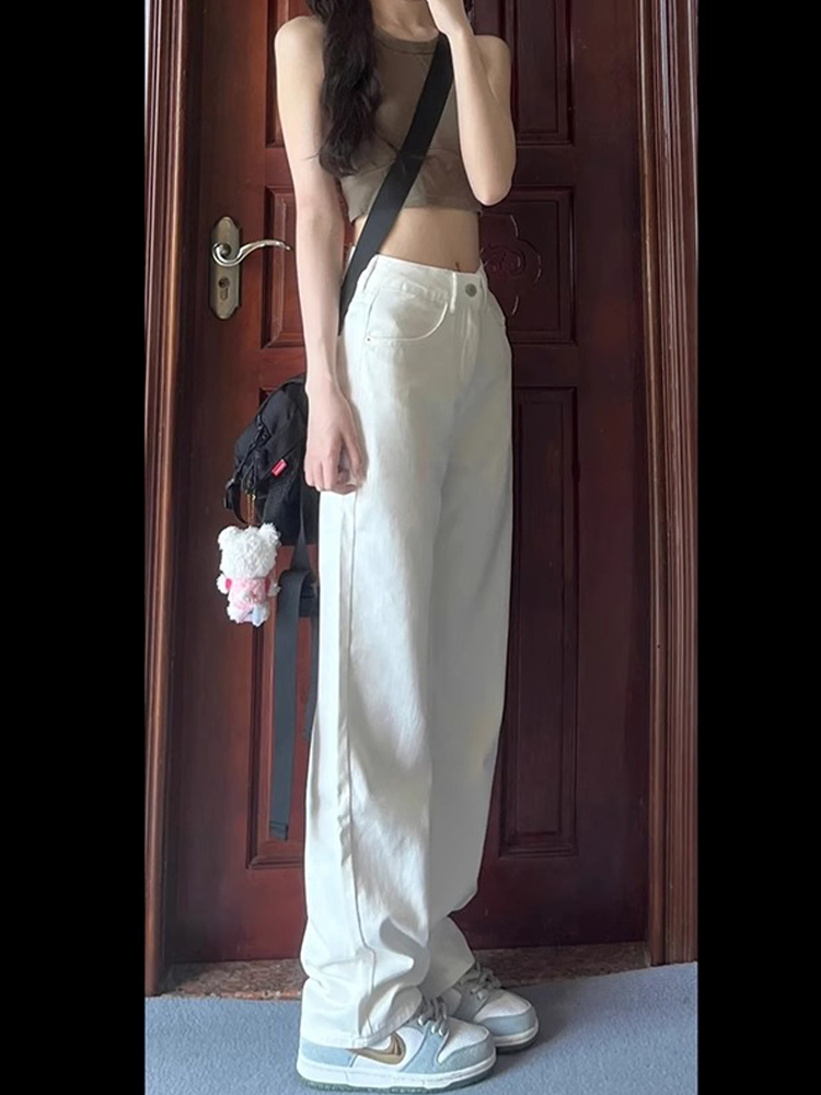 High-Waisted White Wide-Leg Jeans for Women, Slimming Loose Fit Summer Trend, Korean Style Straight-Leg Pants High-Waisted White Wide-Leg Jeans for Women, Slimming Loose Fit Summer Trend, Korean Style Straight-Leg Pants