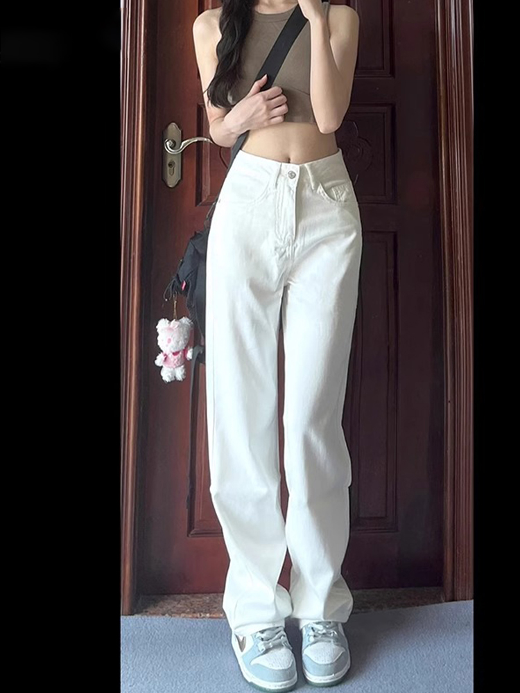 High-Waisted White Wide-Leg Jeans for Women, Slimming Loose Fit Summer Trend, Korean Style Straight-Leg Pants