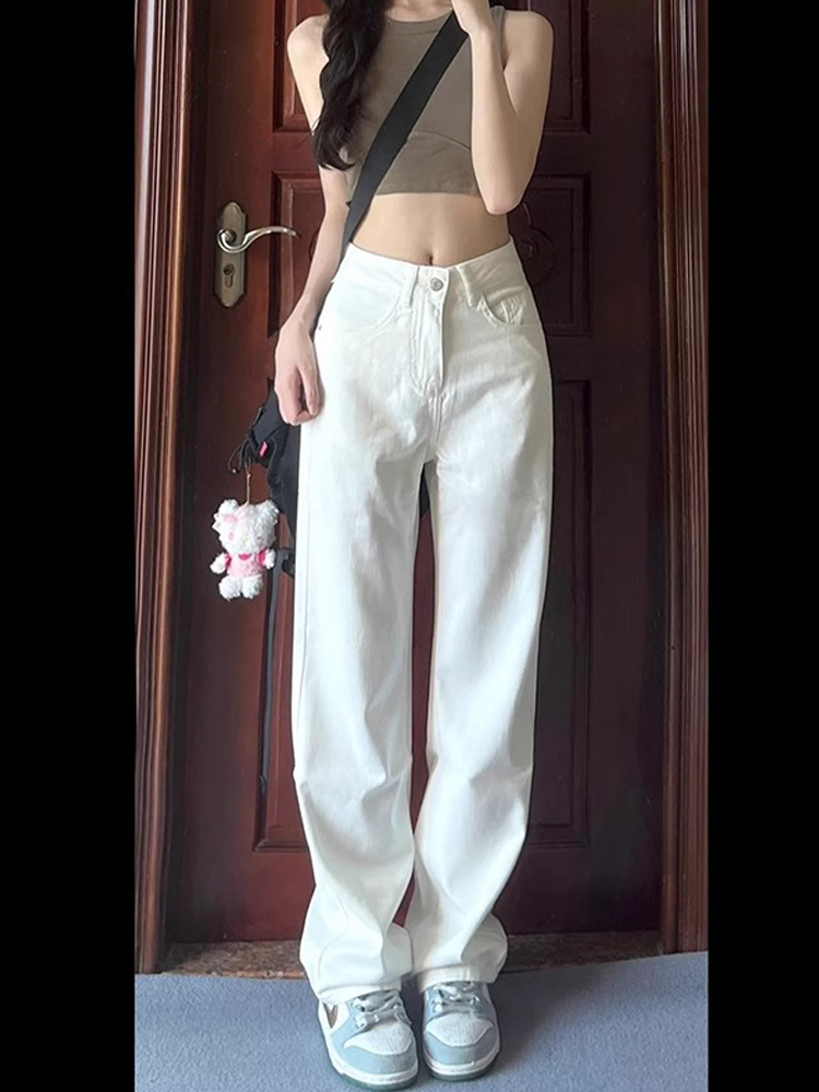 High-Waisted White Wide-Leg Jeans for Women, Slimming Loose Fit Summer Trend, Korean Style Straight-Leg Pants High-Waisted White Wide-Leg Jeans for Women, Slimming Loose Fit Summer Trend, Korean Style Straight-Leg Pants