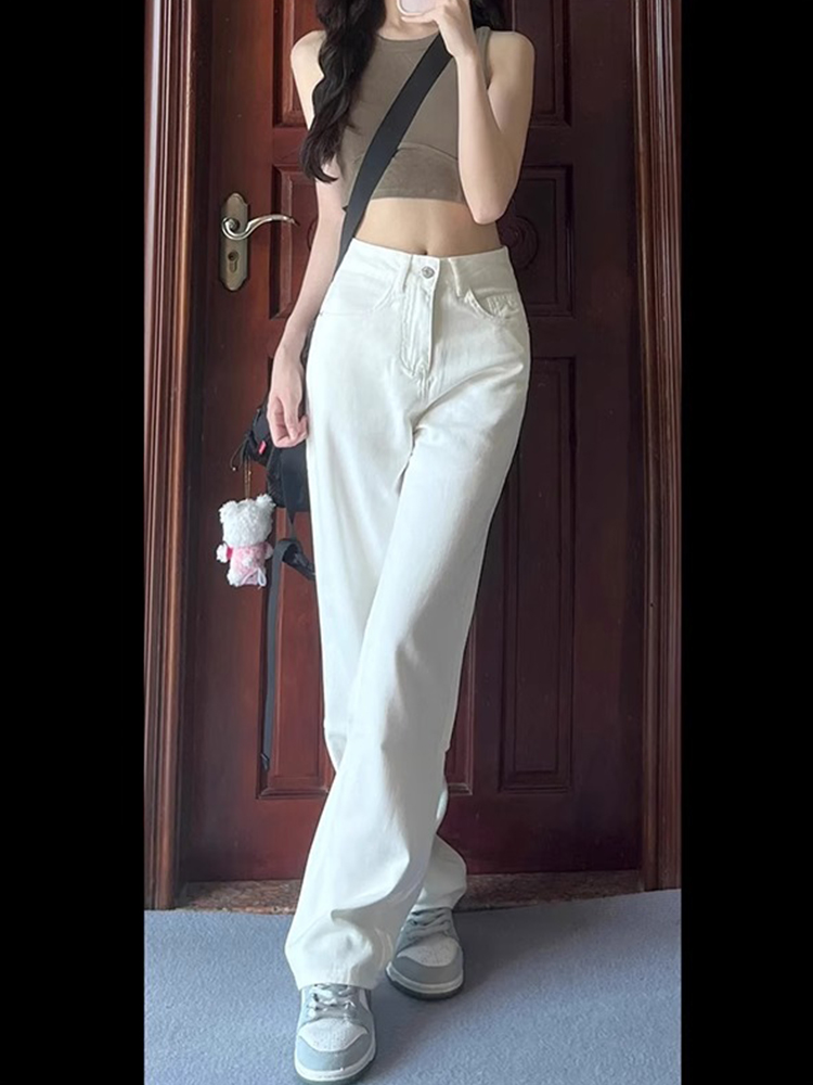 High-Waisted White Wide-Leg Jeans for Women, Slimming Loose Fit Summer Trend, Korean Style Straight-Leg Pants