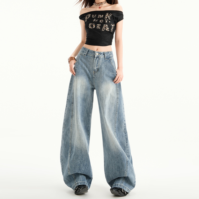 High-Waisted Wide-Leg Jeans for Women - American Retro Style, Spring/Summer 2025 Loose Straight Floor-Length Pants