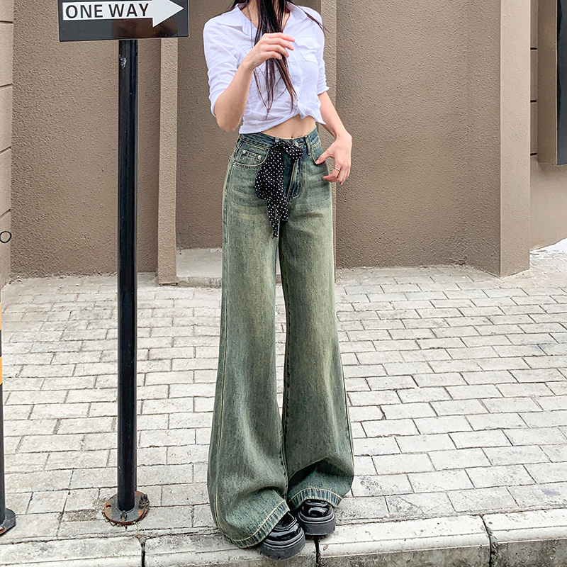 High-Waisted Wide-Leg Jeans for Women, American Retro Style, Fleece-Lined, Distressed Design, Loose Slimming Fit, Floor-Length, 2025 Autumn Winter