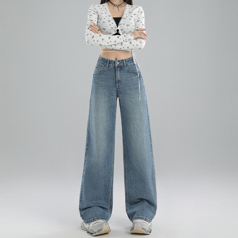 High-Waisted Wide-Leg Jeans for Women, Vintage Straight-Leg Design, 2025 Spring Fashion, American Street Style, Floor-Length Fit