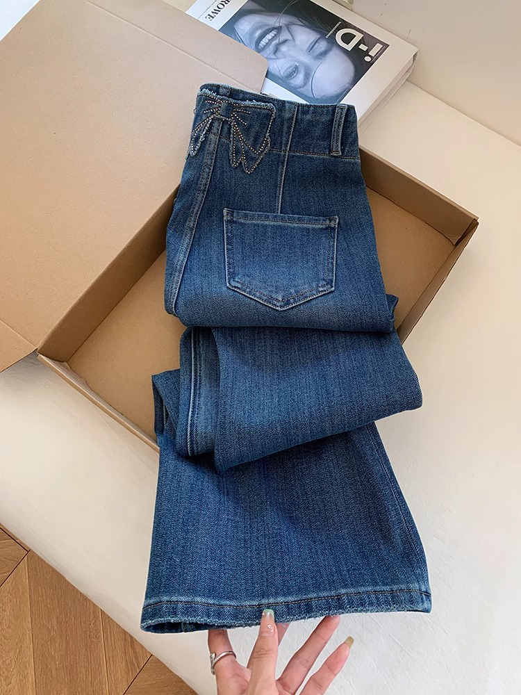 High-Waisted Wide-Leg Jeans for Women with Butterfly Knot Detail - Summer Slim Fit Flared Style High-Waisted Wide-Leg Jeans for Women with Butterfly Knot Detail - Summer Slim Fit Flared Style