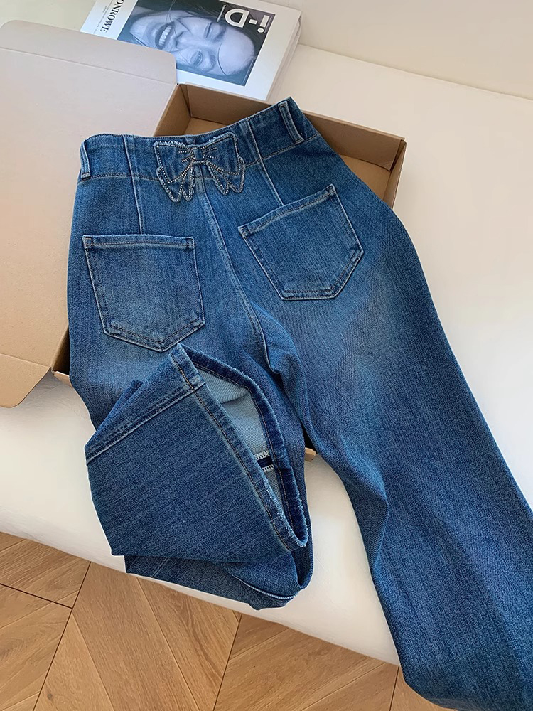High-Waisted Wide-Leg Jeans for Women with Butterfly Knot Detail - Summer Slim Fit Flared Style High-Waisted Wide-Leg Jeans for Women with Butterfly Knot Detail - Summer Slim Fit Flared Style