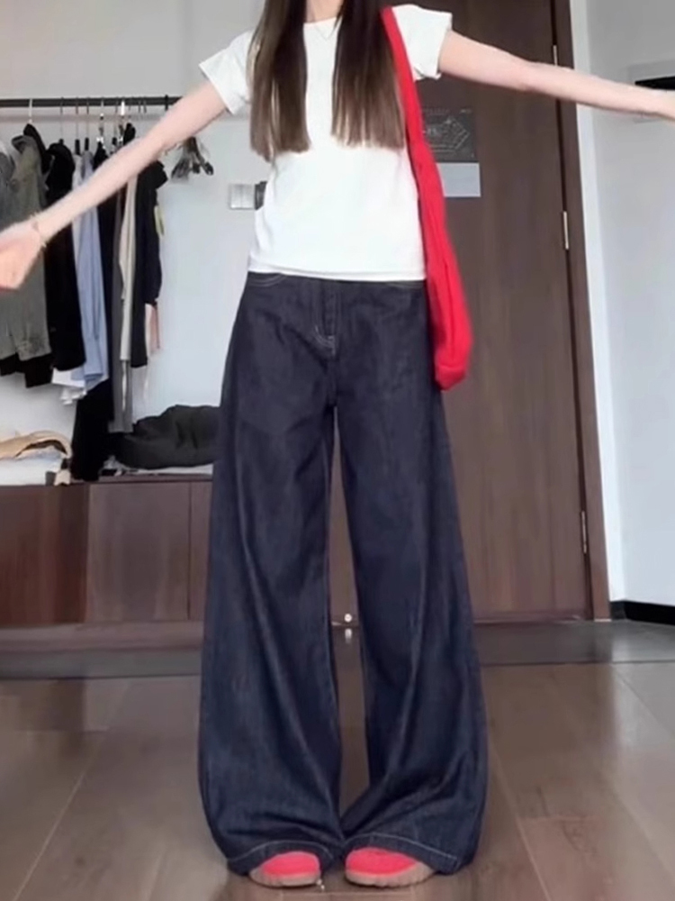 High-Waisted Wide-Leg Tencel Jeans for Women - Denim Blue Slimming Straight Pants with Draping Effect, Summer Style