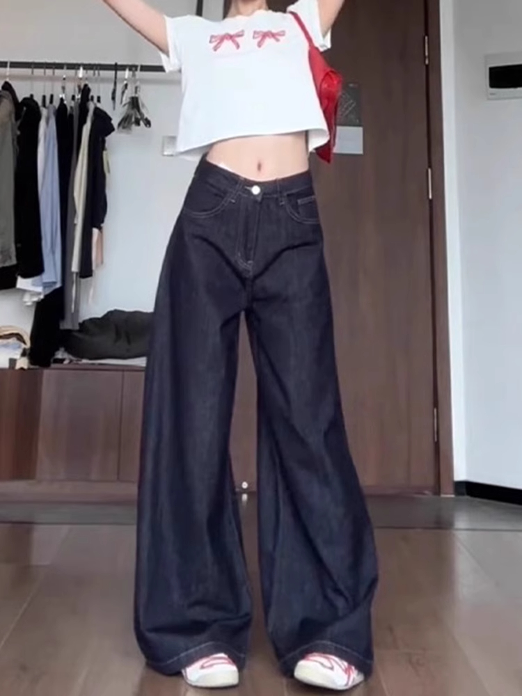 High-Waisted Wide-Leg Tencel Jeans for Women - Denim Blue Slimming Straight Pants with Draping Effect, Summer Style