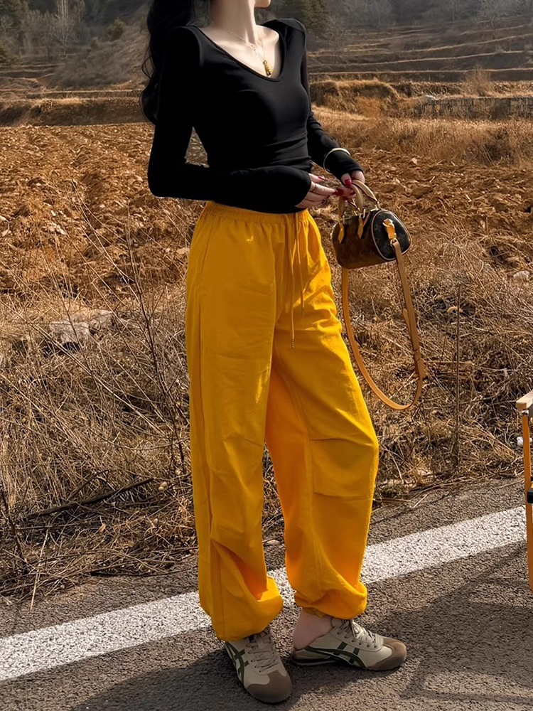 High-Waisted Yellow Casual Pants for Women, Slimming Loose-Fitting Straight-Leg Wide-Leg Trousers for Summer 2025 Fashion