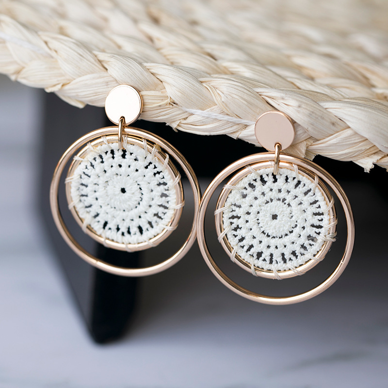Hollow Lace Inlaid Round Earrings - Elegant Large Circle Studs for Women, Versatile Natural Style Accessories