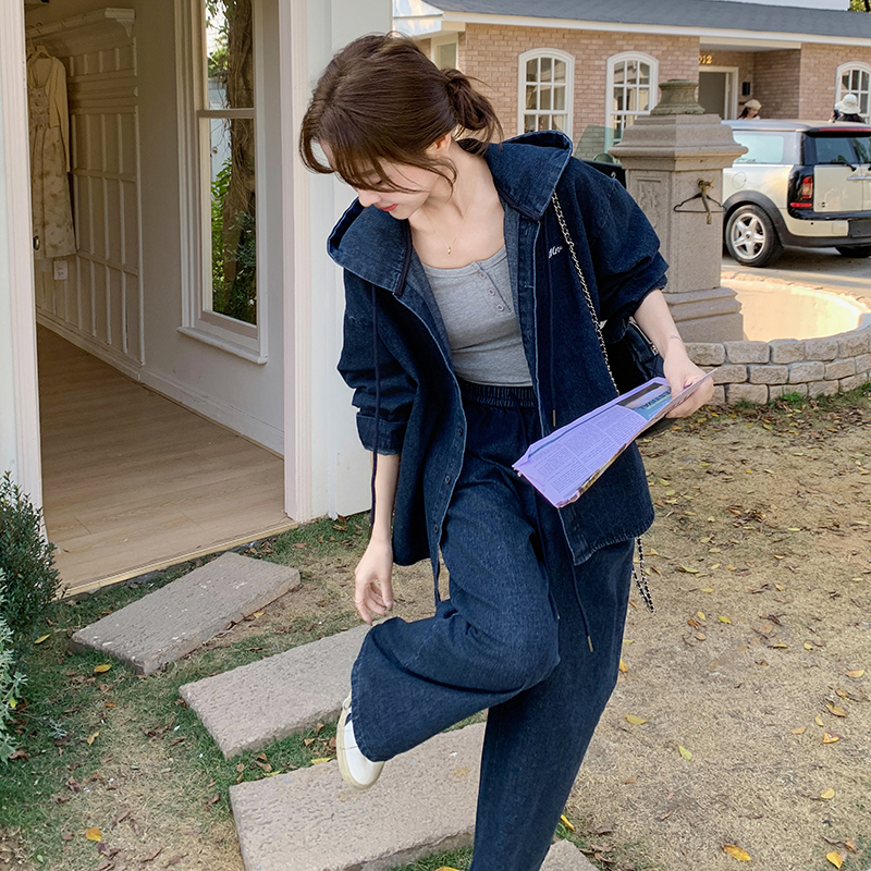 Hooded Denim Jacket and Wide-Leg Pants Two-Piece Set for Women, Trendy Korean Style, Spring 2025, Loose Fit, Slimming Outfit