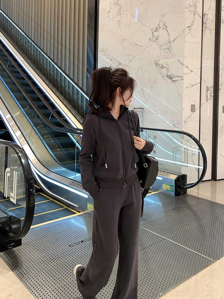 Hooded Gray Casual Sports Suit for Women - Two-Piece Set for Autumn and Winter, Comfy Sweatshirt and Pants Ensemble Hooded Gray Casual Sports Suit for Women - Two-Piece Set for Autumn and Winter, Comfy Sweatshirt and Pants Ensemble