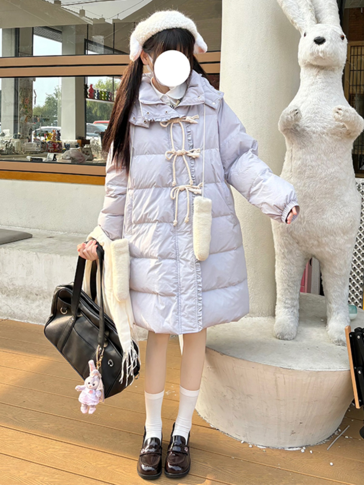 Hooded Loose Fit Long Down Jacket with Horn Buttons, Thick Slimming White Duck Down Coat, Straight Cut, Pudding Bear JK Style Hooded Loose Fit Long Down Jacket with Horn Buttons, Thick Slimming White Duck Down Coat, Straight Cut, Pudding Bear JK Style