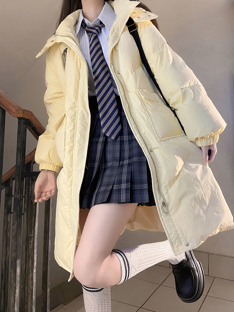 Hooded Pudding Bear JK Jacket - Loose College Style Long Down Jacket for Women, Warm and Cozy, Perfect for Y2K and Korean Style Fashion Hooded Pudding Bear JK Jacket - Loose College Style Long Down Jacket for Women, Warm and Cozy, Perfect for Y2K and Korean Style Fashion