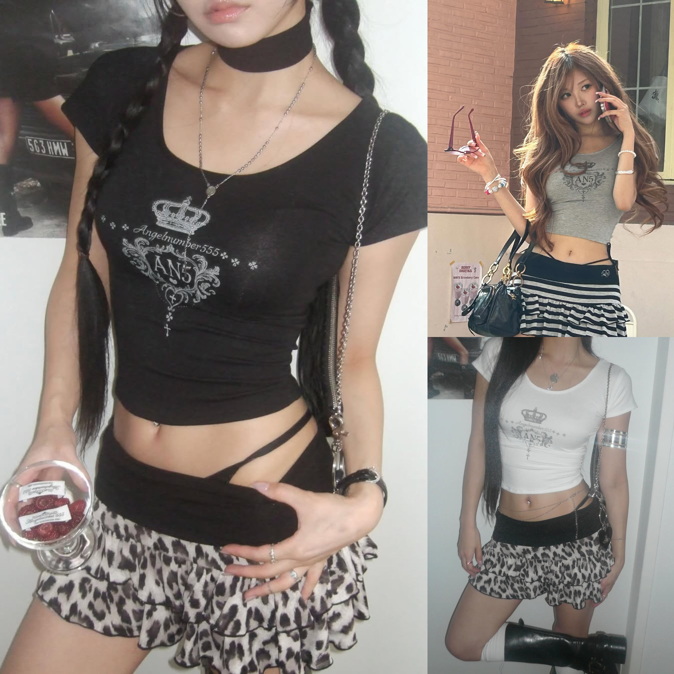 Hot Girl Leopard Print Short Crop T-Shirt & Skirt Set - Tight-Fitting Short Sleeve Y2K Style for Spring/Summer 2025