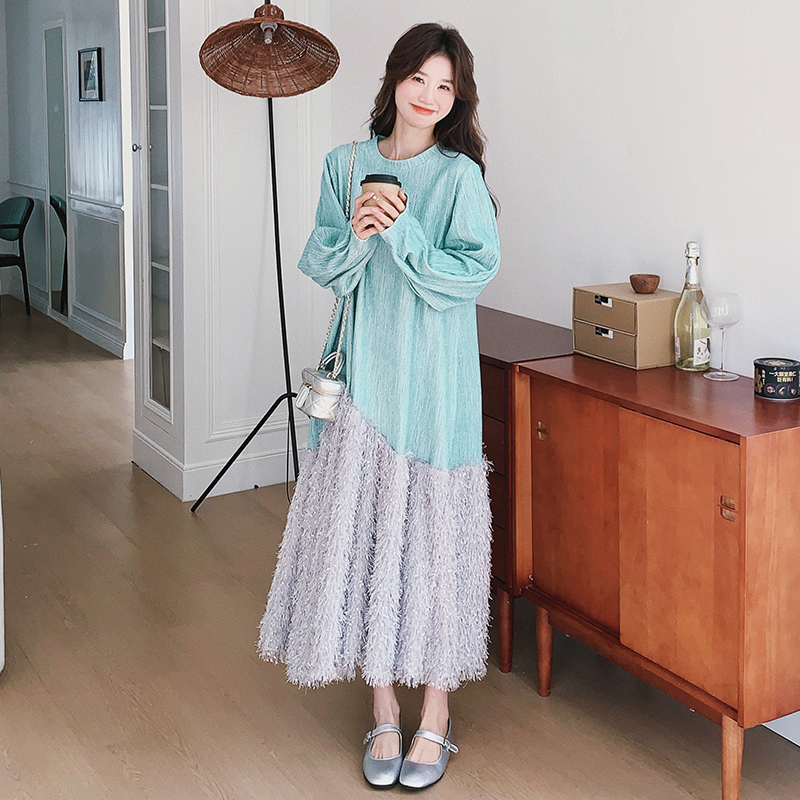 Ice Blue Diamond Tassel Long Sleeve Fishtail Dress for Women - Spring 2025 Spliced French Style Sweatshirt Dress