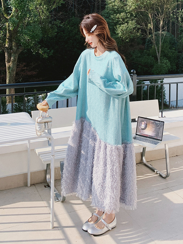Ice Blue Diamond Tassel Long Sleeve Fishtail Dress for Women - Spring 2025 Spliced French Style Sweatshirt Dress Ice Blue Diamond Tassel Long Sleeve Fishtail Dress for Women - Spring 2025 Spliced French Style Sweatshirt Dress