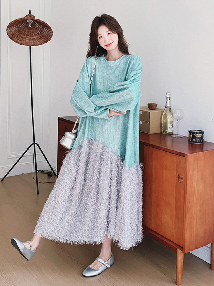 Ice Blue Diamond Tassel Long Sleeve Fishtail Dress for Women - Spring 2025 Spliced French Style Sweatshirt Dress Ice Blue Diamond Tassel Long Sleeve Fishtail Dress for Women - Spring 2025 Spliced French Style Sweatshirt Dress