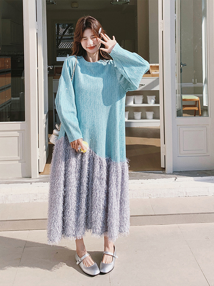 Ice Blue Diamond Tassel Long Sleeve Fishtail Dress for Women - Spring 2025 Spliced French Style Sweatshirt Dress Ice Blue Diamond Tassel Long Sleeve Fishtail Dress for Women - Spring 2025 Spliced French Style Sweatshirt Dress