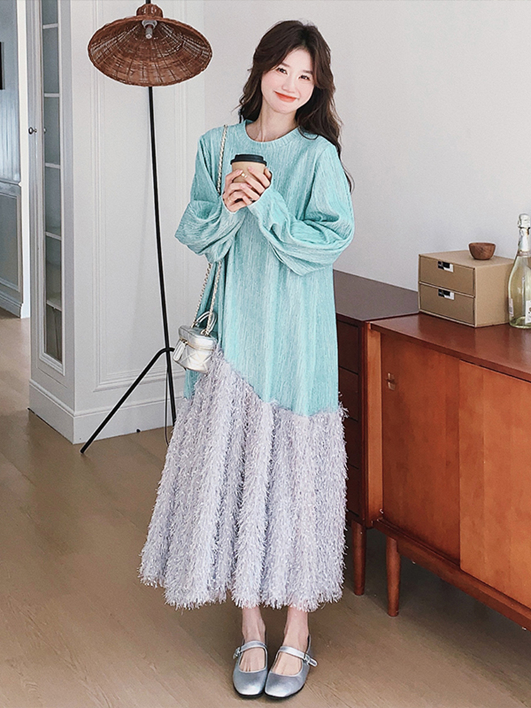 Ice Blue Diamond Tassel Long Sleeve Fishtail Dress for Women - Spring 2025 Spliced French Style Sweatshirt Dress Ice Blue Diamond Tassel Long Sleeve Fishtail Dress for Women - Spring 2025 Spliced French Style Sweatshirt Dress