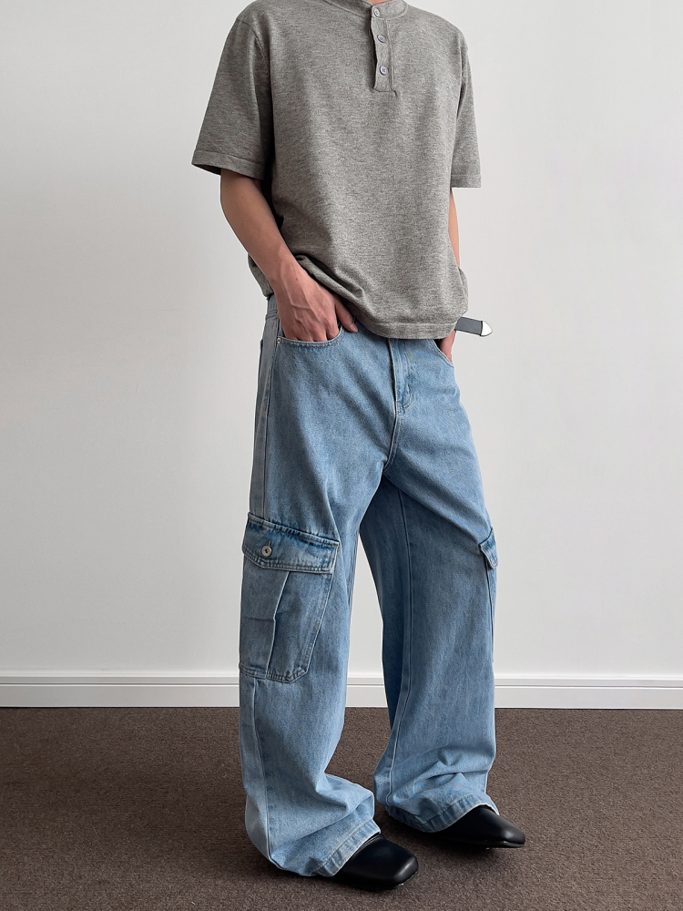 Ice Blue Washed Denim Wide-Leg Loose Long Pants - Retro American Multi-Pocket Style for 90s and Y2K Fashion Ice Blue Washed Denim Wide-Leg Loose Long Pants - Retro American Multi-Pocket Style for 90s and Y2K Fashion