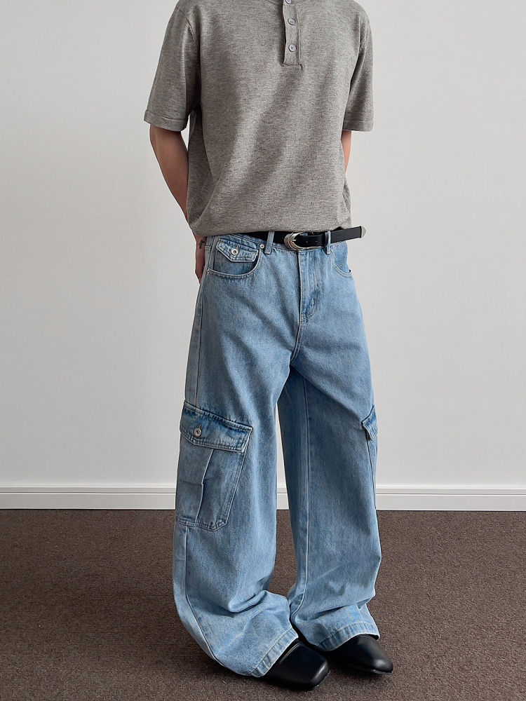 Ice Blue Washed Denim Wide-Leg Loose Long Pants - Retro American Multi-Pocket Style for 90s and Y2K Fashion Ice Blue Washed Denim Wide-Leg Loose Long Pants - Retro American Multi-Pocket Style for 90s and Y2K Fashion