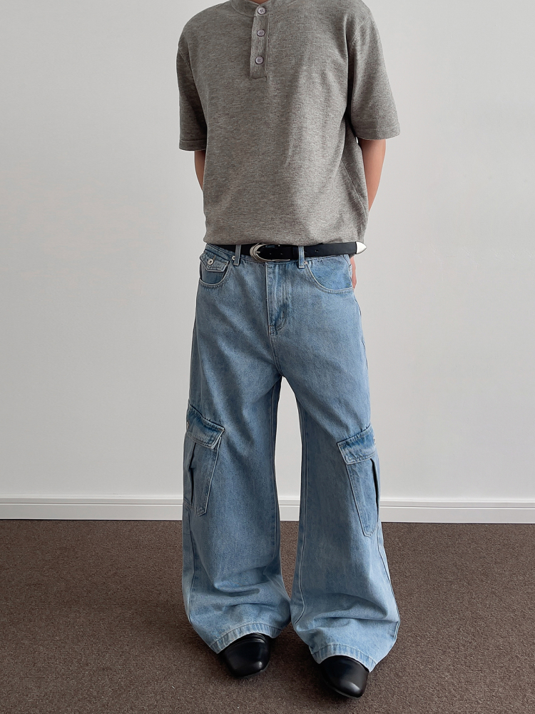 Ice Blue Washed Denim Wide-Leg Loose Long Pants - Retro American Multi-Pocket Style for 90s and Y2K Fashion Ice Blue Washed Denim Wide-Leg Loose Long Pants - Retro American Multi-Pocket Style for 90s and Y2K Fashion