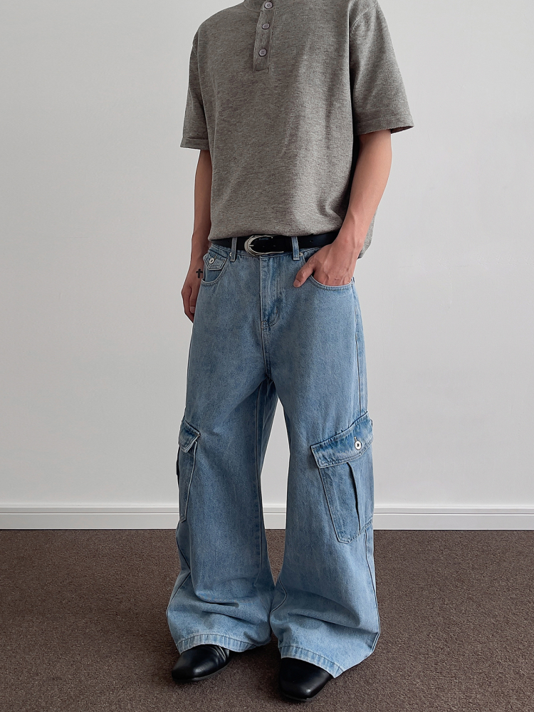 Ice Blue Washed Denim Wide-Leg Loose Long Pants - Retro American Multi-Pocket Style for 90s and Y2K Fashion Ice Blue Washed Denim Wide-Leg Loose Long Pants - Retro American Multi-Pocket Style for 90s and Y2K Fashion