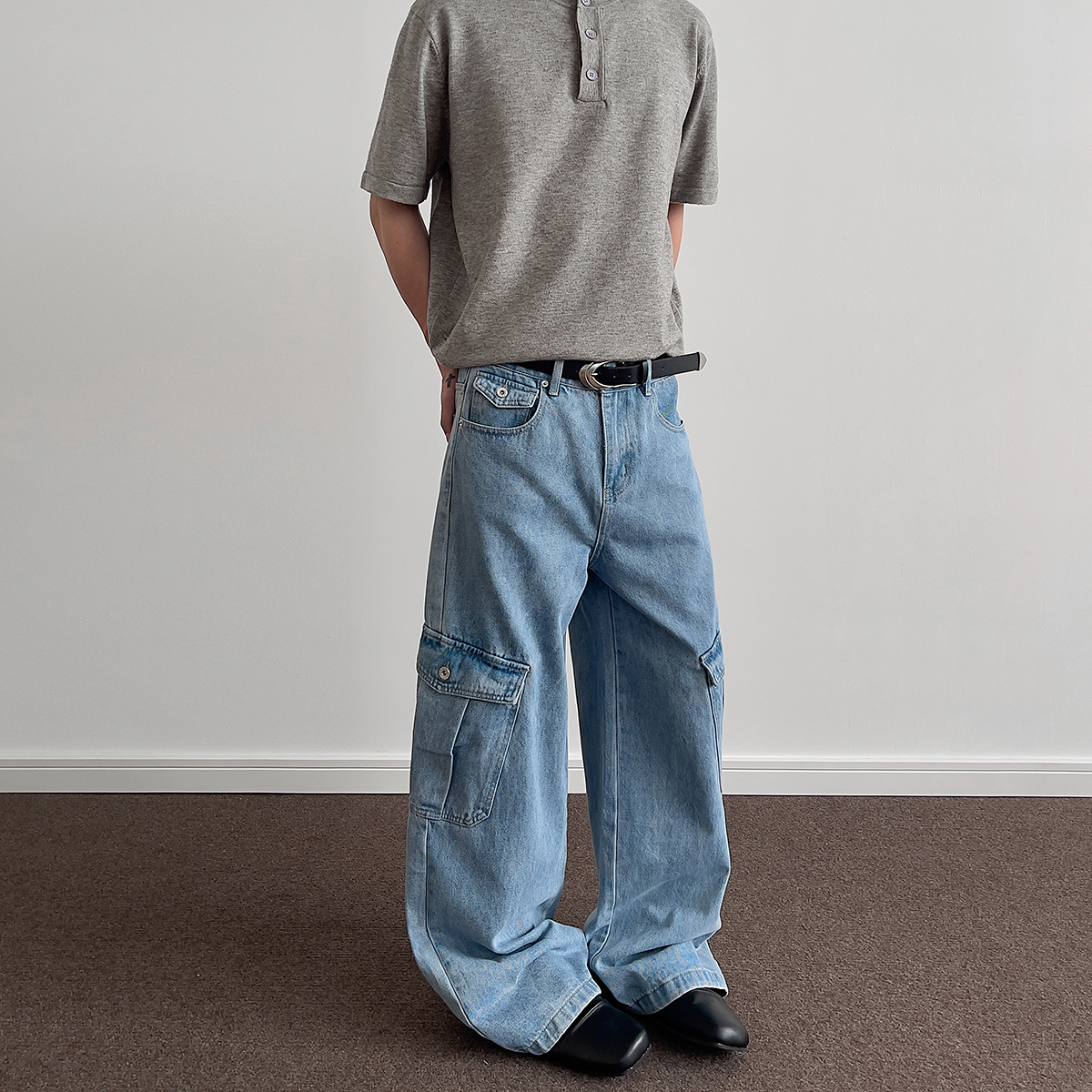 Ice Blue Washed Denim Wide-Leg Loose Long Pants - Retro American Multi-Pocket Style for 90s and Y2K Fashion