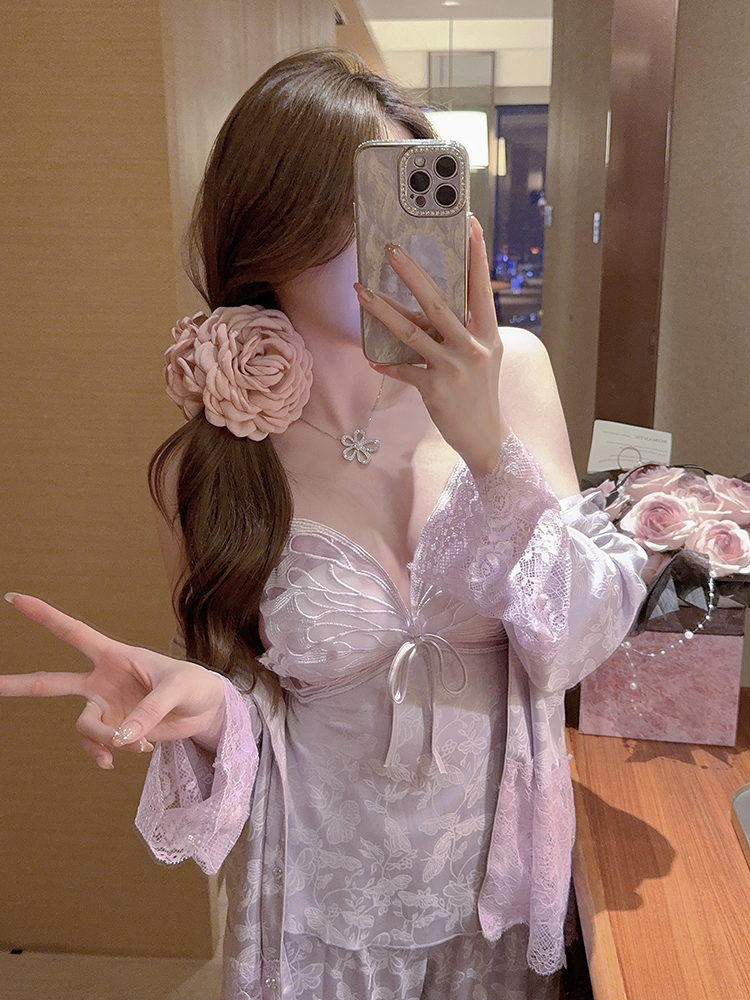 Ice Silk Pajamas Set for Women - 2025 New Style Camisole with Chest Pads, Sexy Butterfly Design, Spring & Autumn Wear Ice Silk Pajamas Set for Women - 2025 New Style Camisole with Chest Pads, Sexy Butterfly Design, Spring & Autumn Wear