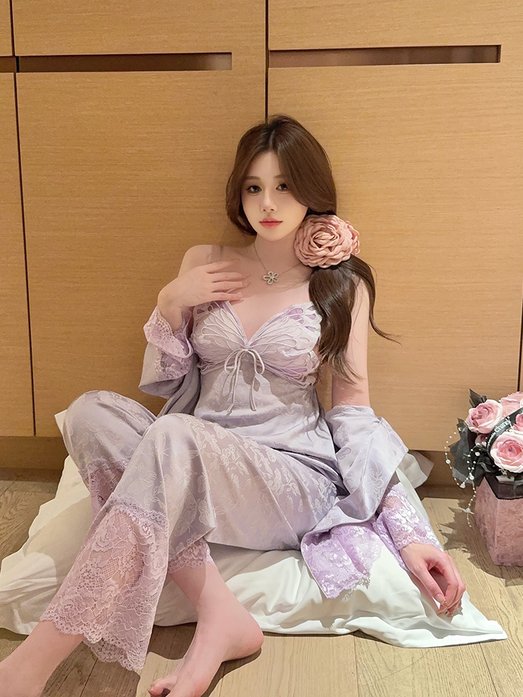 Ice Silk Pajamas Set for Women - 2025 New Style Camisole with Chest Pads, Sexy Butterfly Design, Spring & Autumn Wear Ice Silk Pajamas Set for Women - 2025 New Style Camisole with Chest Pads, Sexy Butterfly Design, Spring & Autumn Wear