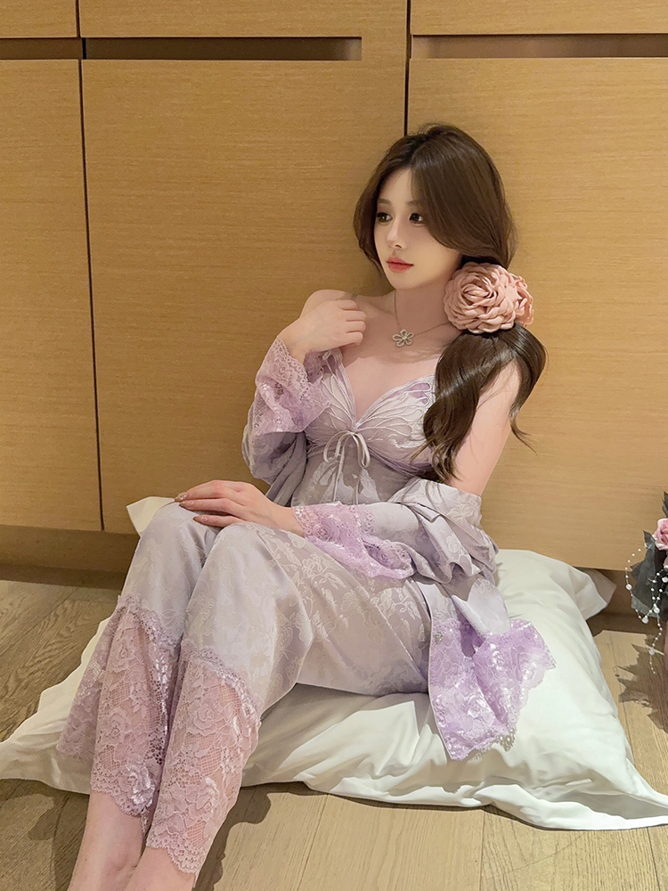 Ice Silk Pajamas Set for Women - 2025 New Style Camisole with Chest Pads, Sexy Butterfly Design, Spring & Autumn Wear Ice Silk Pajamas Set for Women - 2025 New Style Camisole with Chest Pads, Sexy Butterfly Design, Spring & Autumn Wear