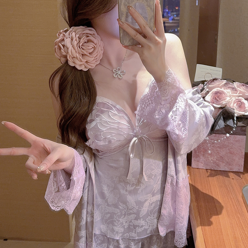 Ice Silk Pajamas Set for Women - 2025 New Style Camisole with Chest Pads, Sexy Butterfly Design, Spring & Autumn Wear