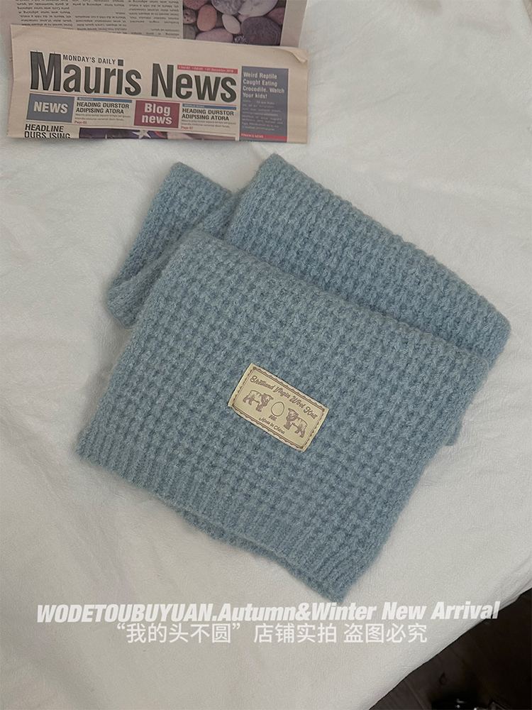 Iceland Blue Wool Blend Knitted Scarf for Women - Thick Solid Color Winter Neck Warmer