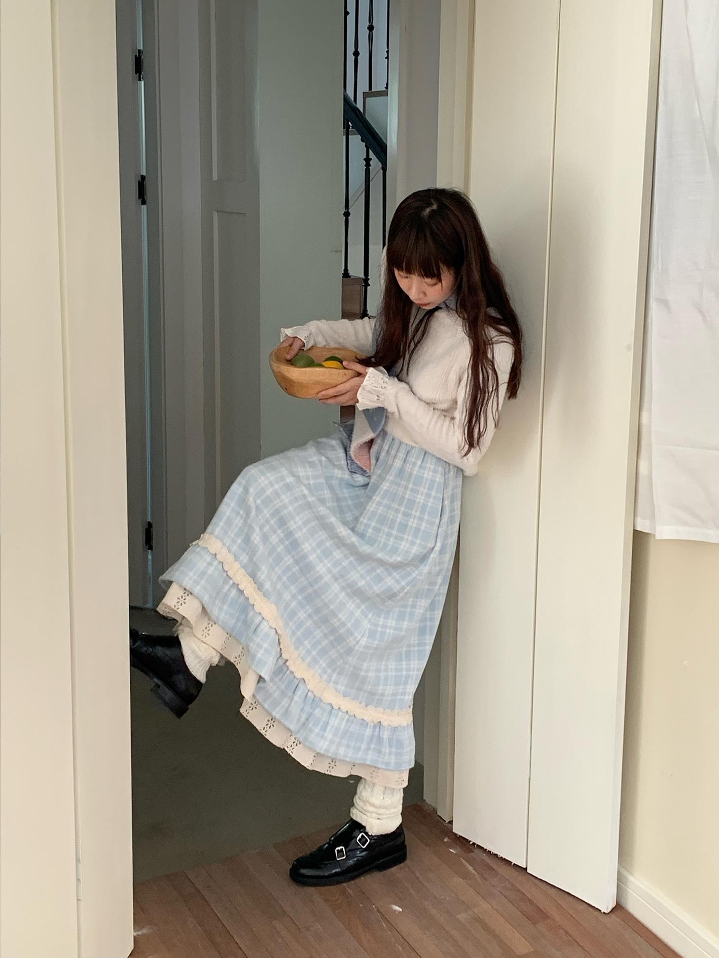 Iceland Cold Brew Plaid Lace A-Line Woolen Skirt with Elastic Waist - Blue Fall Fashion Essential