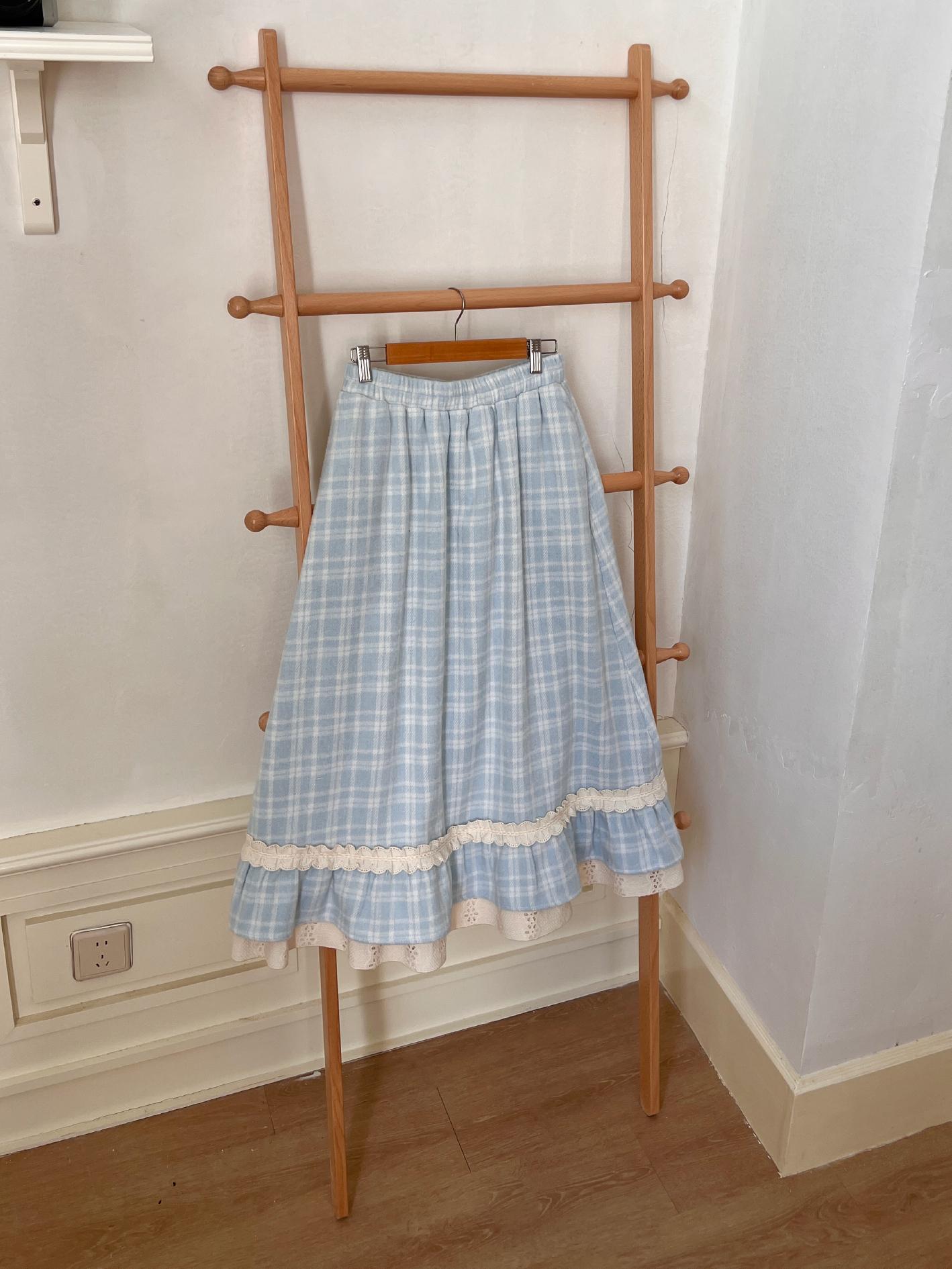 Iceland Cold Brew Plaid Lace A-Line Woolen Skirt with Elastic Waist - Blue Fall Fashion Essential Iceland Cold Brew Plaid Lace A-Line Woolen Skirt with Elastic Waist - Blue Fall Fashion Essential