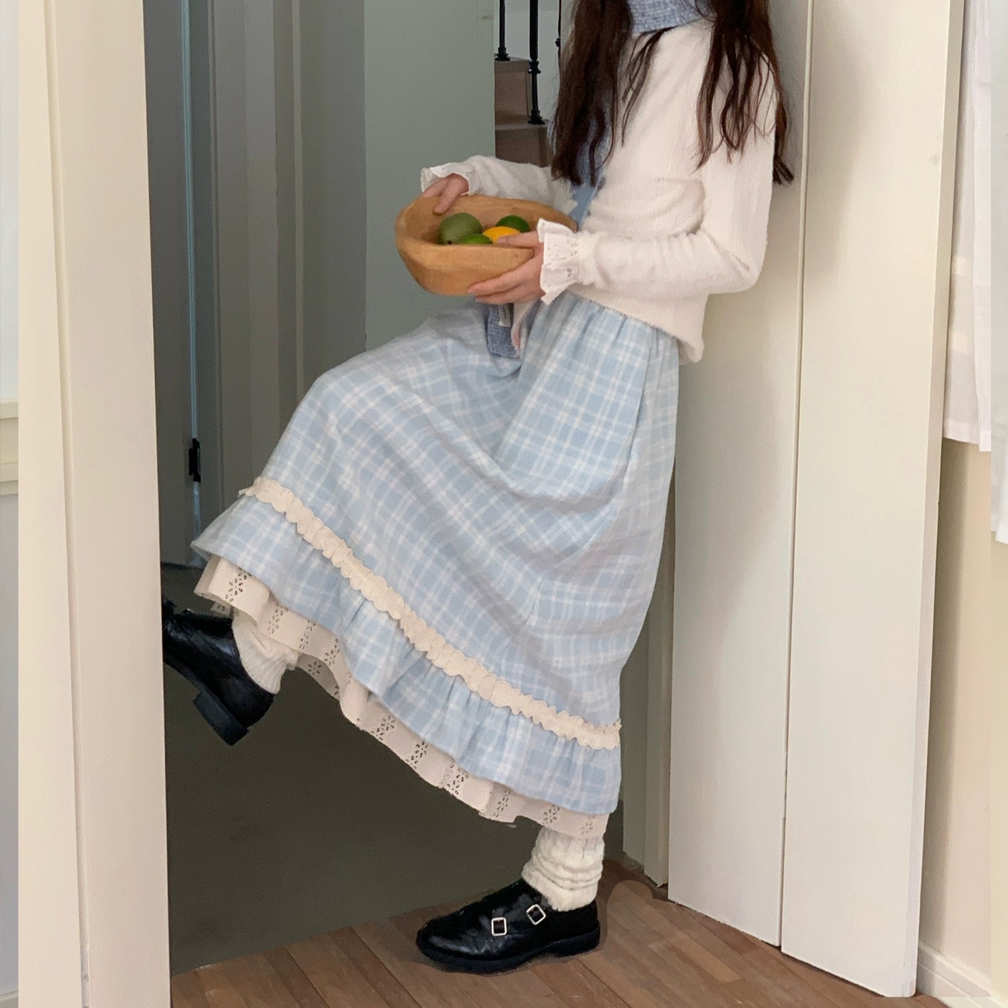 Iceland Cold Brew Plaid Lace A-Line Woolen Skirt with Elastic Waist - Blue Fall Fashion Essential